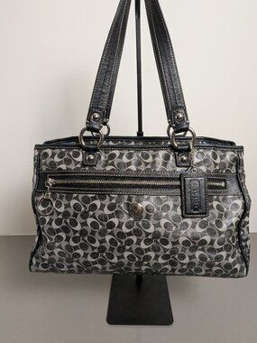 Coach Signature C Satchel Bag Black Grey Coated Canvas Leather Trim